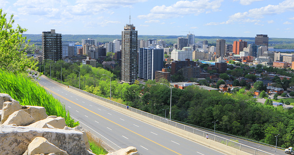 The Hamilton, Ontario skyline with expressway