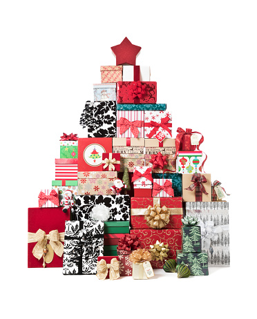 Stack of Wrapped Gifts in a Christmas Tree Shape