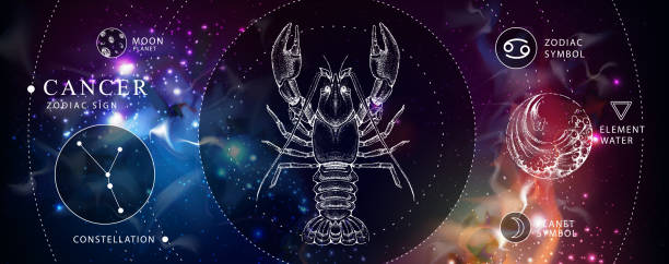 istock Modern magic witchcraft card with astrology Cancer zodiac sign. Realistic hand drawing crab illustration. Zodiac characteristic 1291612909