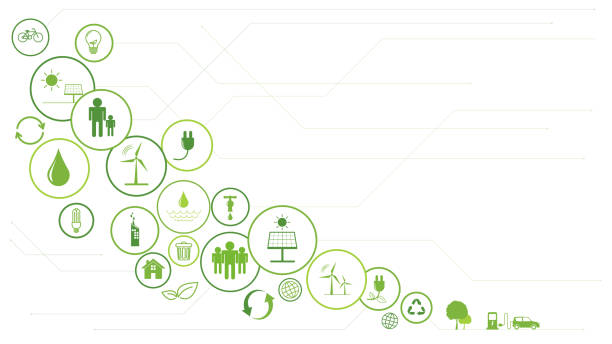 ilustraciones, imágenes clip art, dibujos animados e iconos de stock de fondo de plantilla de negocio verde para el concepto de sostenibilidad con iconos planos - sostenibilidad