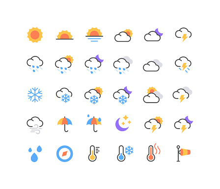 Set of weather vector icons. Every icon is grouped.