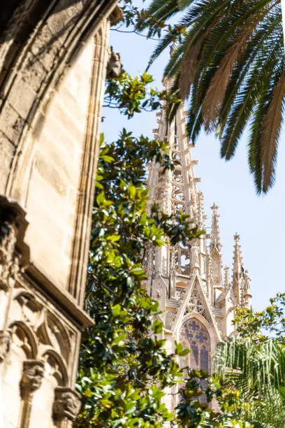 Arch with palm trees with a view to an old white spanish catholic church with rooftop and churchbell in Barcelona on a sunny summer day