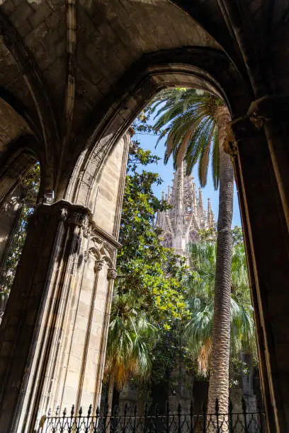 Arch with palm trees with a view to an old white spanish catholic church with rooftop and churchbell in Barcelona on a sunny summer day