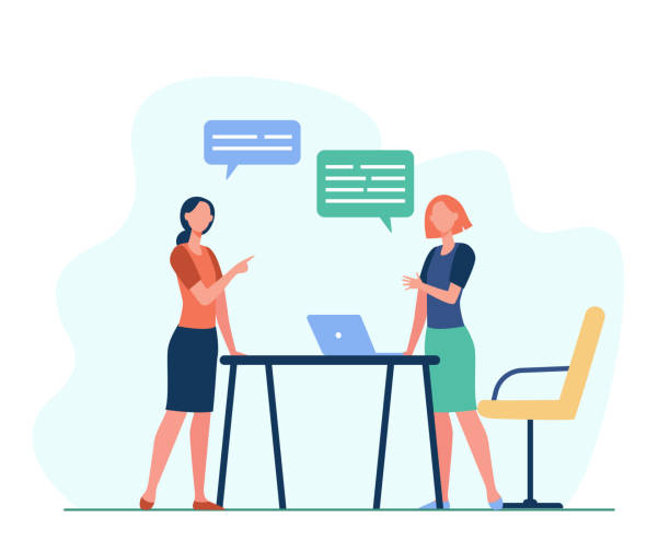 Two female colleagues discussing work Two female colleagues discussing work. Laptop, team, speech bubble flat vector illustration. Business and communication concept for banner, website design or landing web page office coworker stock illustrations