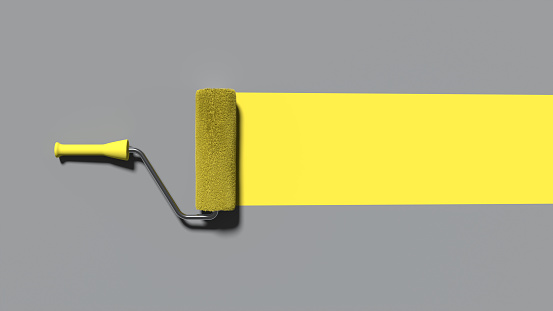 Yellow roller brush with trail of paint - 3d rendered image isolated on grey background