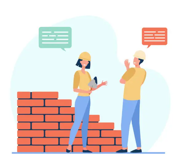 Vector illustration of Two positive builders talking and working