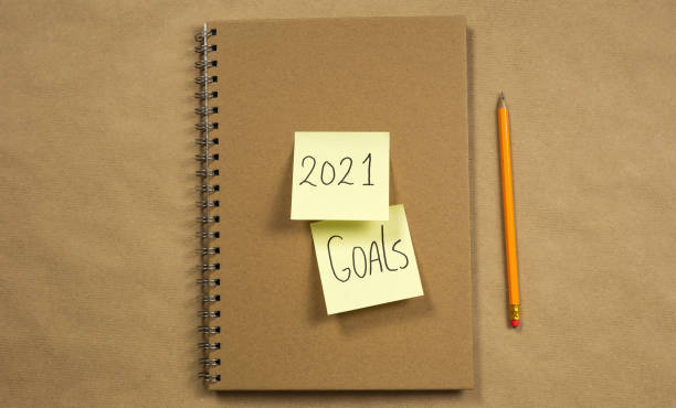 istock Notebook with yellow sticky notes with 2021 and goals for New Year on brown paper background with classic pencil, business or school, education concept. Copy space 1291618045