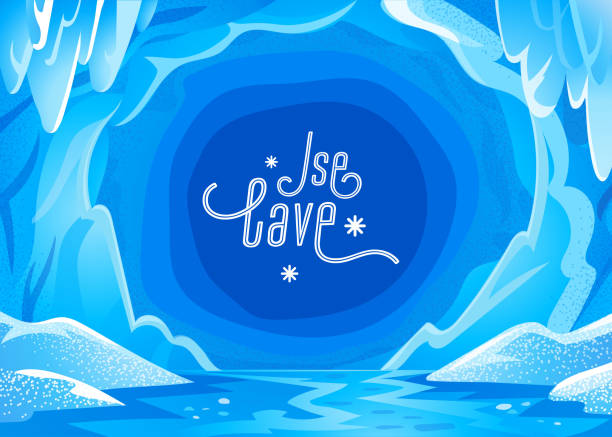 eishöhlenlandschaft. blau verschneiter winterhintergrund - panoramalandschaft mit gefrorener eisiger kaverne. vektor-illustration im flachen cartoon-stil - baikalsee stock-grafiken, -clipart, -cartoons und -symbole