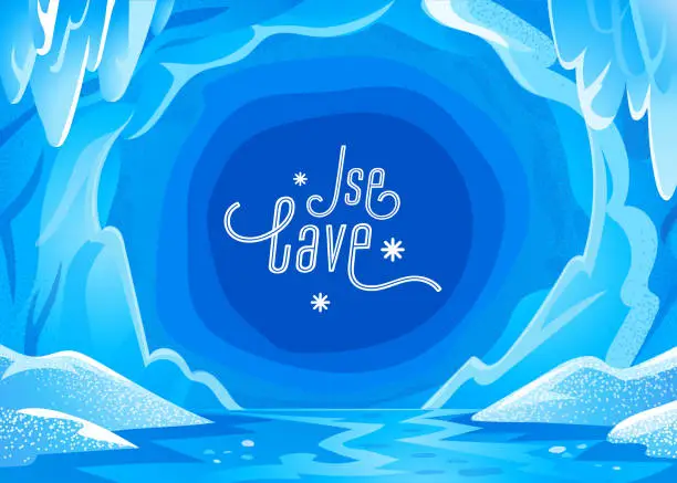 Vector illustration of Ice cave landscape. Blue snowy winter background - Panoramic landscape with frozen icy cavern. Vector illustration in flat cartoon style