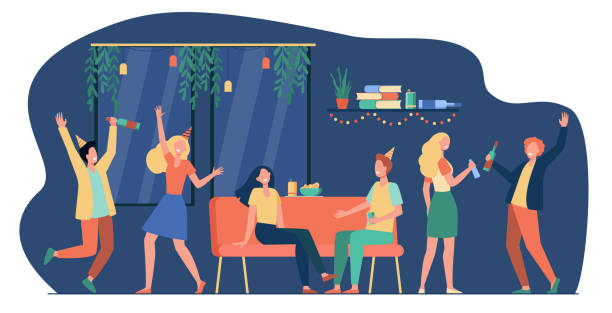 Group of cheerful students or happy friends Group of cheerful students or happy friends dancing and having fun at home party in apartment. Vector illustration for night activity, leisure, celebration, birthday concept friends laughing stock illustrations