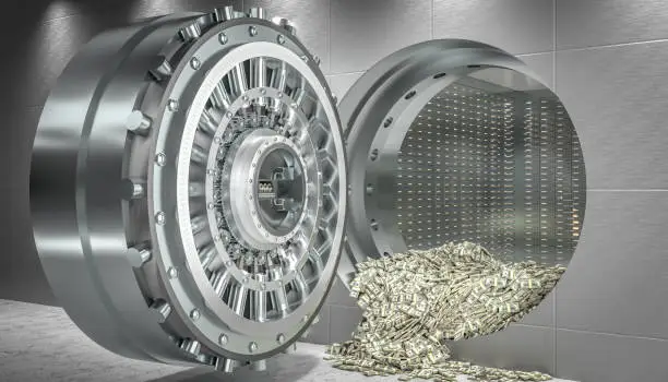 open vault door and money dollars coming out. concept of wealth and security. 3d render.