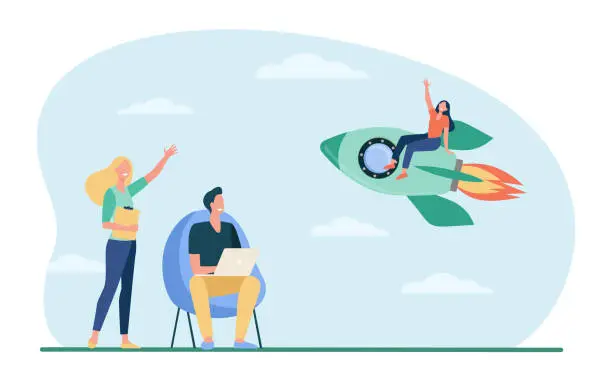 Vector illustration of Happy woman sitting on rocket and waving colleagues