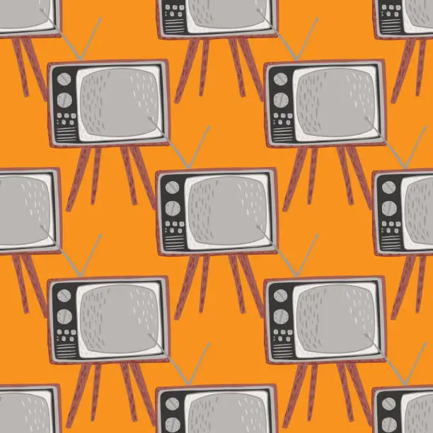 Vector illustration of Retro seamless pattern with tv simple ornament. Grey technic on bright orange background.