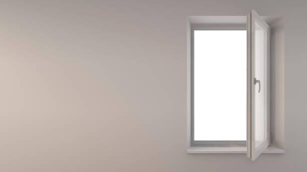 istock Single-leaf opened window on a white wall. aerial light illustration for brochures, web design. 3d rendering for your artwork. 1291621346