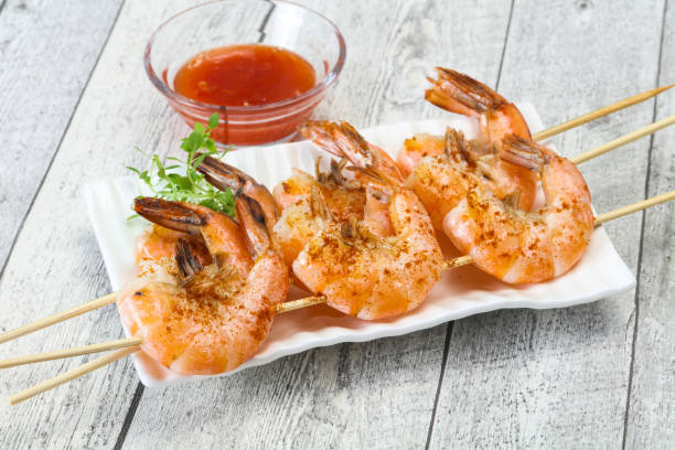 istock Grilled prawn skewer with sauce 1291621581