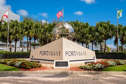 Miami, Florida USA - March 1, 2017: Port of Miami tribute to the international trade pioneers located along Biscayne Boulevard in the downtown district.