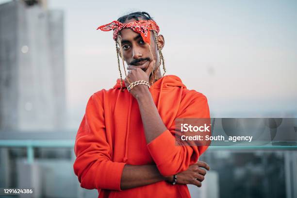 Portrait Of One Gangsta Rapper Outdoors In The City Stock Photo - Download Image Now