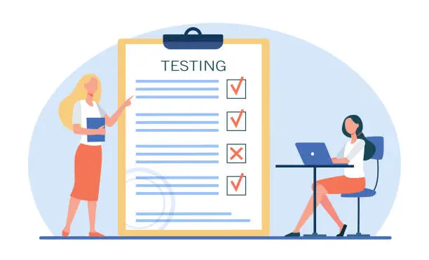 Vector illustration of Female student passing exam and checking answers