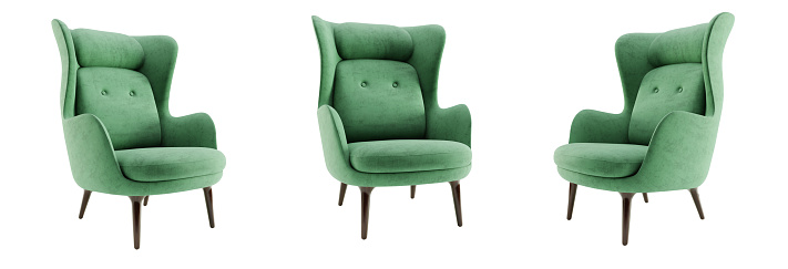 Modern green armchair set isolated on white background. Clipping path included. 3D render illustration.
