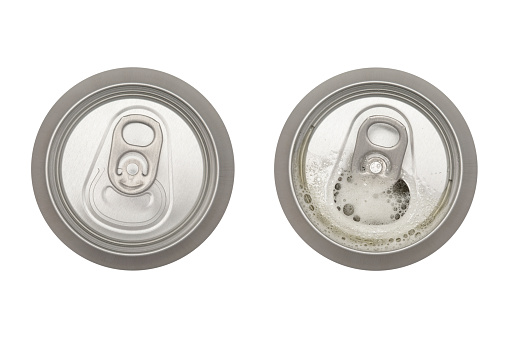 Opened and closed aluminum drink cans on white background photographed directly above