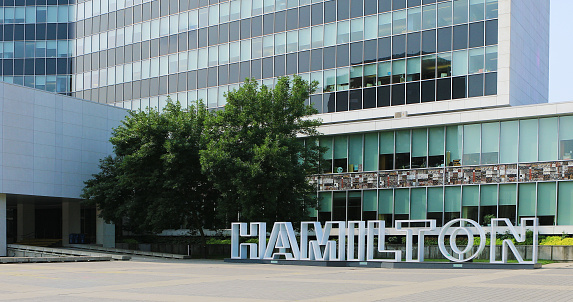 The City Hall in Hamilton, Ontario with sign in front. An eight storey structure which opened on November 21, 1960.