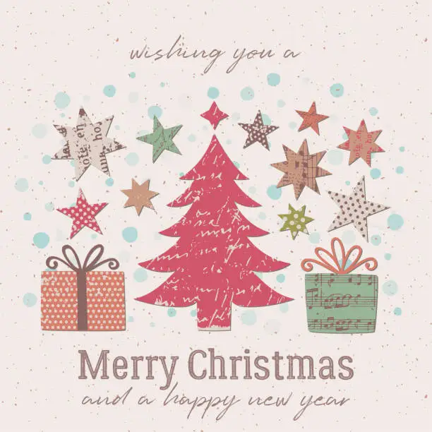 Vector illustration of Paper collage Christmas greeting card on watercolor spots - square format