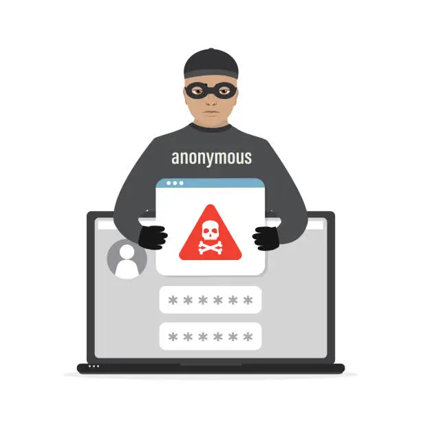 Vector illustration of Cartoon male hacker in mask installs malware on laptop. Spamming, virus attack, scam alert. Laptop with unlock profile.