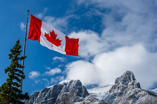 Close up of National Flag of Canada with natural mountains and trees scenery in the background.