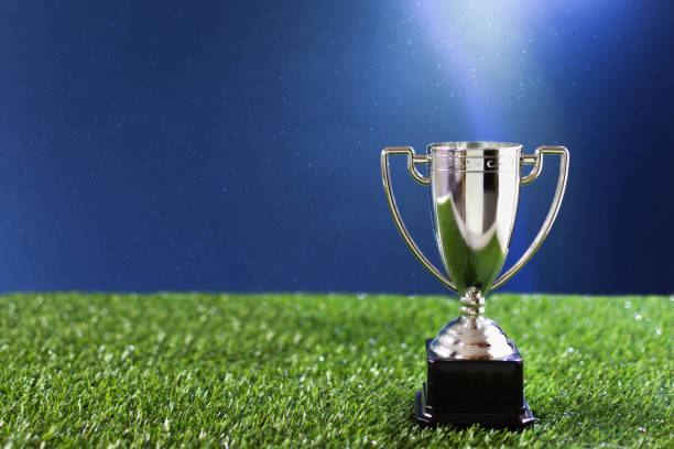 istock Soccer championship silver cup on a grass over blue background. 1291631464