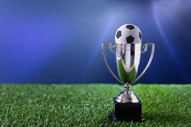 istock Soccer championship silver cup on a grass over blue background. 1291631473