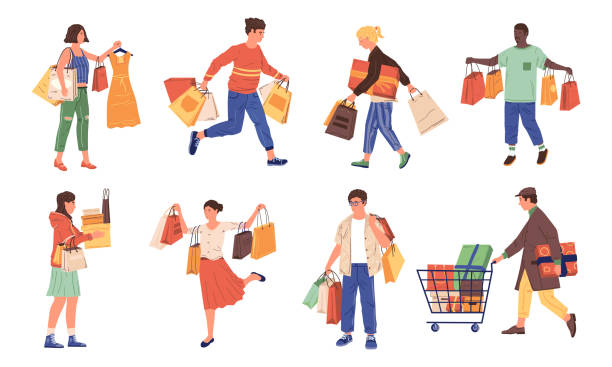 ilustrações, clipart, desenhos animados e ícones de pessoas fazendo compras. compradores de desenhos animados com bolsas e carrinhos. homens ou mulheres realizam compras em loja de roupas e supermercado. homens e mulheres compram sapatos ou roupas, presentes de férias, conjunto vetorial - shopping bag illustrations