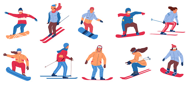 Skier and snowboarder. Cartoon people doing winter sport activities. Rest in mountains, skiing and snowboarding. Isolated men and women in winter clothing, helmet and goggles, vector set