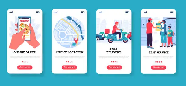 Vector illustration of Food delivery. Restaurant and supermarket order. Phone screens. Mobile application, express menu with steps to receive purchase, courier delivering products. Vector online service set