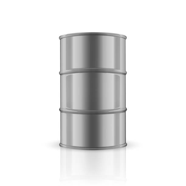 istock Vector 3d Realistic Illustration. Silver Steel Simple Glossy Metal Oil, Fuel, Gasoline Barrel with Reflection Isolated on White Background. Design Template of Packaging for Mockup. Front View 1291633250