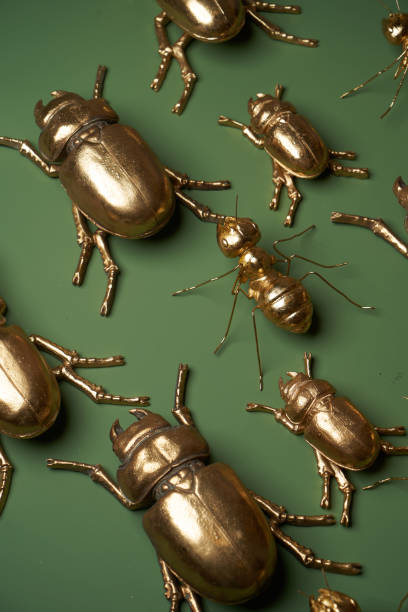 istock Golden insects on green background, top view 1291636513