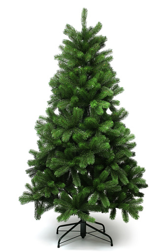 Artificial fir tree on stand on white background