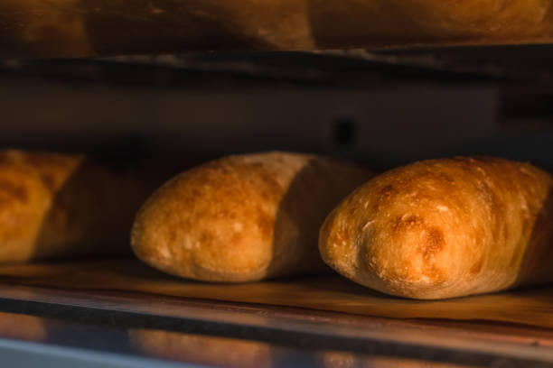 istock Ciabatta bread in an industrial oven. Making craft bread at the bakery 1291641945