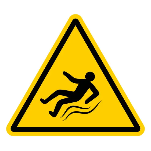 Vector illustration of Yellow warning sign with a falling slipping person, vector sign of ice, slippery road, hazard warnings to be injured on slippery sidewalk