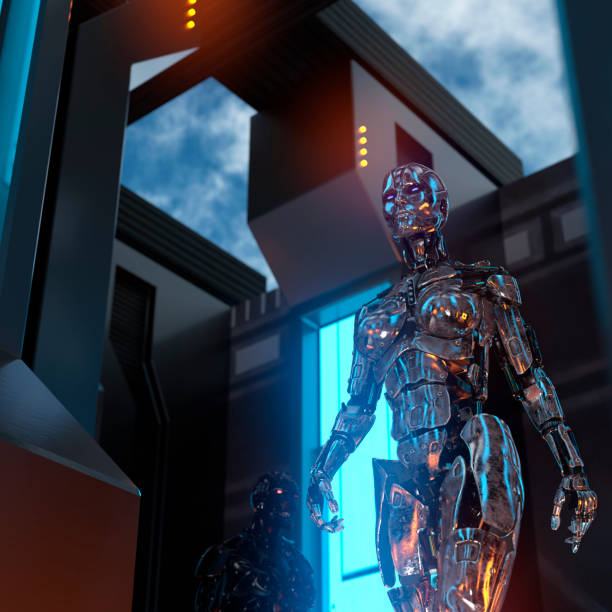 istock Two metallic cyborgs in a futuristic room 1291642354