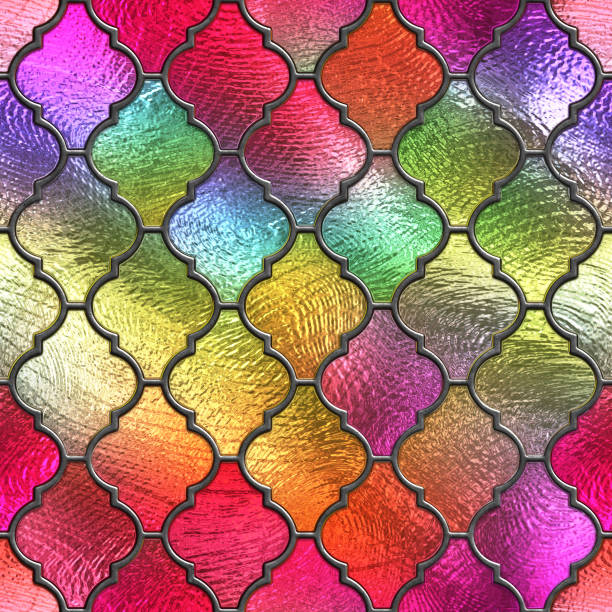 istock Stained glass seamless texture with moroccan pattern for window, colored glass, 3d illustration 1291643223