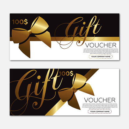 Beautiful gift voucher template. Gold ribbon and black background.