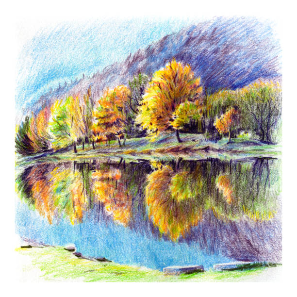 ilustrações, clipart, desenhos animados e ícones de paisagem de outono da floresta cárpato - colour pencil