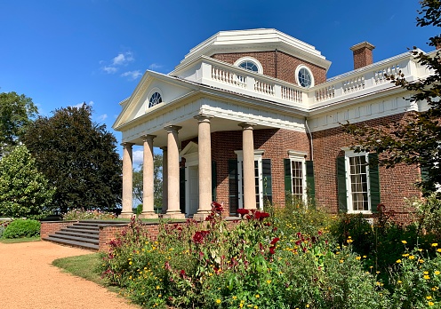 Monticello, Virginia, USA - October 1, 2020: Western facade of Thomas Jefferson's house in Monticello, Virginia, USA.