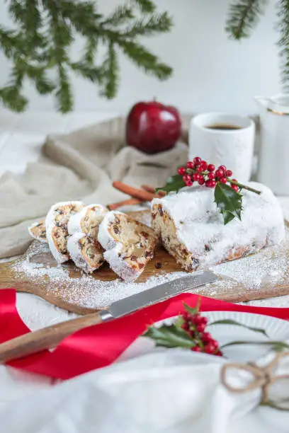 Traditional Christmas Stollen festive pastry cake with coffee