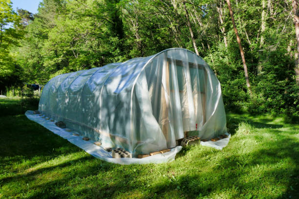 polytunnel under construction - construction frame plastic agriculture greenhouse imagens e fotografias de stock