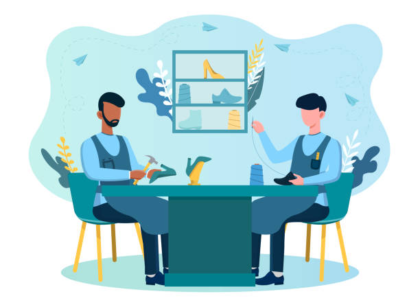 Two shoemakers sitting at the table fixing shoes with hammer and thread Two shoemakers sitting at the table fixing shoes with hammer and thread. Handicraft shoemaking process. Concept of shoe manufacture. Flat cartoon vector illustration shoemaker stock illustrations