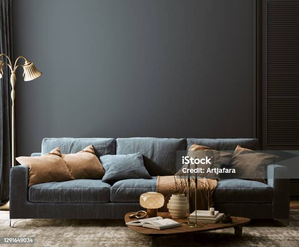 Modern Home Interior Mockup With Dark Blue Sofa Table And Decor In Living Room Stock Photo - Download Image Now