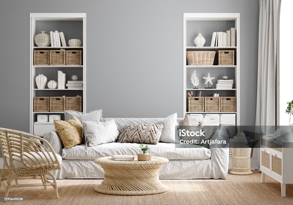 Cozy grey living room interior with coastal furniture Cozy grey living room interior with coastal furniture, 3d render Coastline Stock Photo