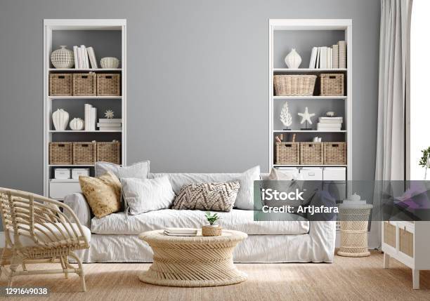 Cozy Grey Living Room Interior With Coastal Furniture Stock Photo - Download Image Now
