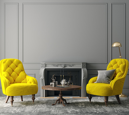 Elegante interior gris oscuro con sillones amarillos brillantes, colores del año 2021 photo
